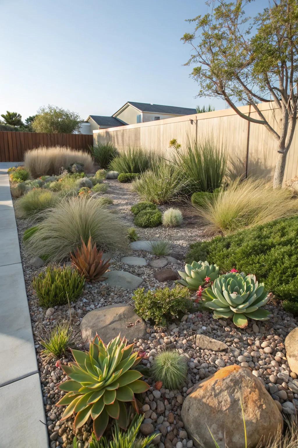 A front yard showcasing drought-tolerant succulents and indigenous grasses.
