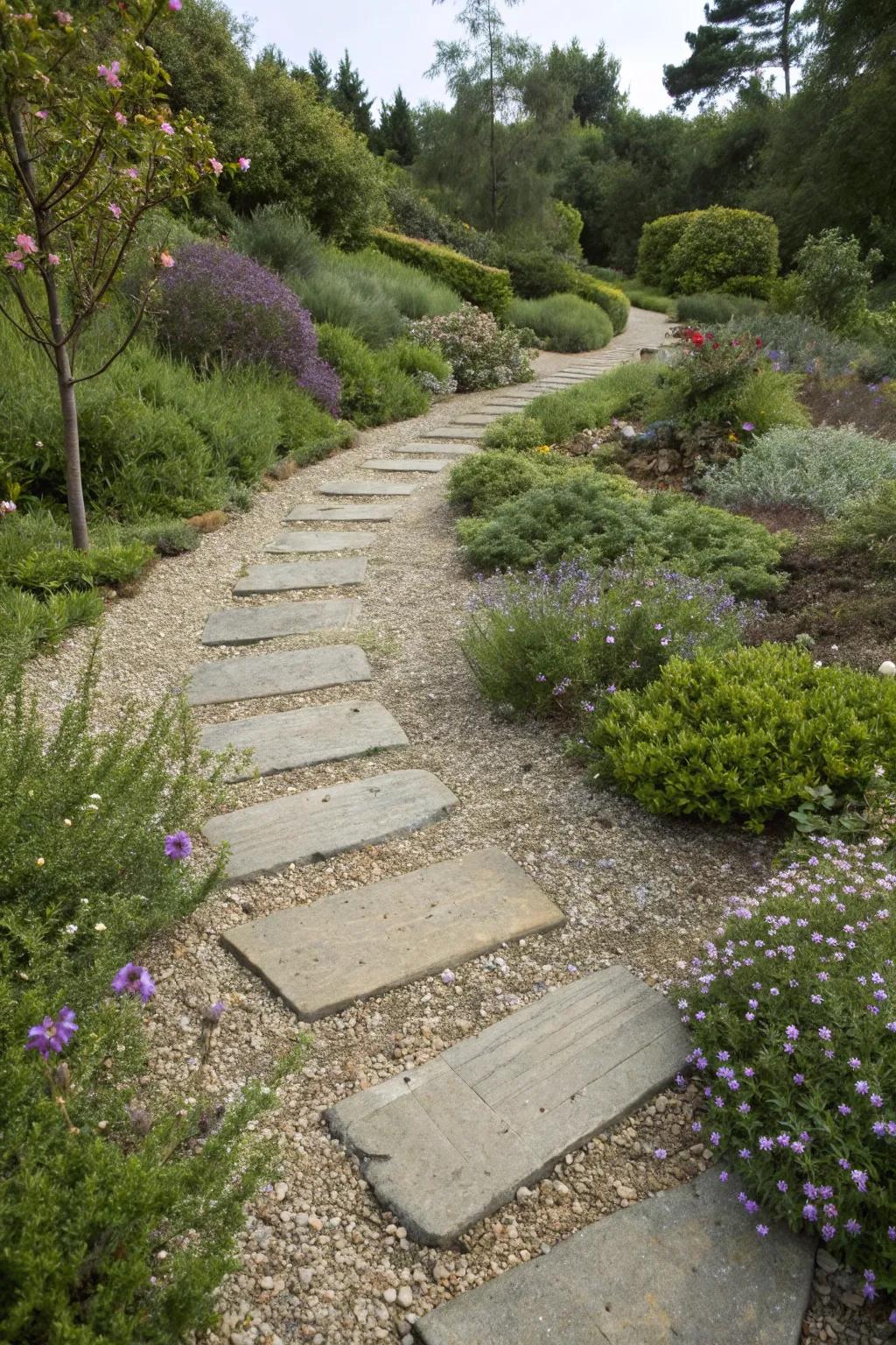A gravel path flanked by lush, easy-care plants.