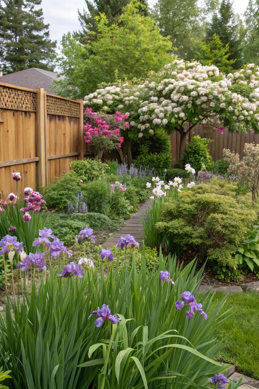 Oregon iris and Douglas spiraea in a native Portland garden, requiring minimal care.