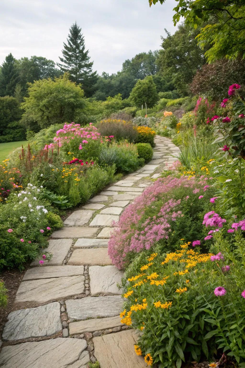 An enchanting stone pathway nestled in a perennial sanctuary.
