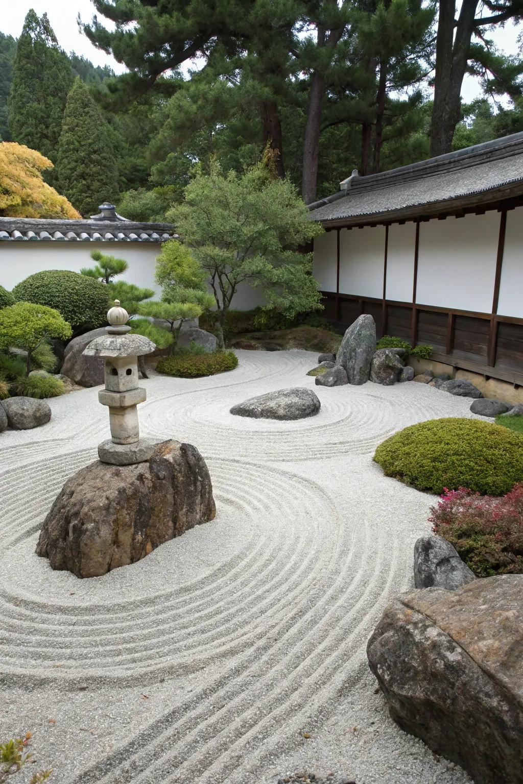A peaceful zen retreat designed with pebble stones and a minimalist approach.