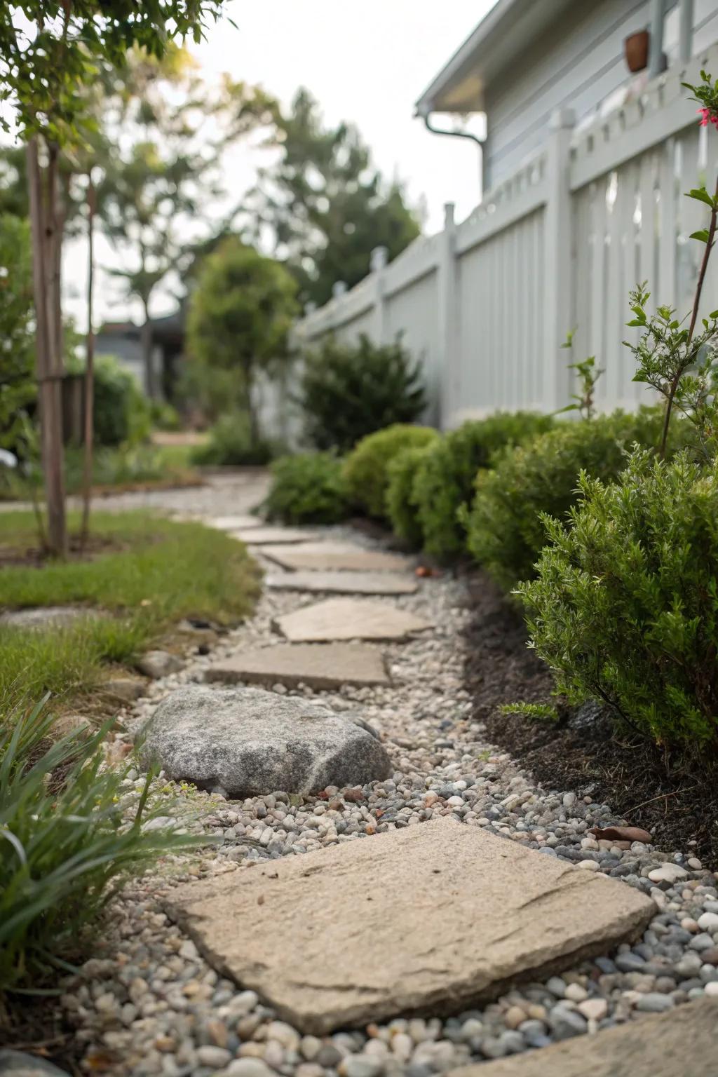 Stepping stones nestled in gravel fashion an orderly and effortless path.