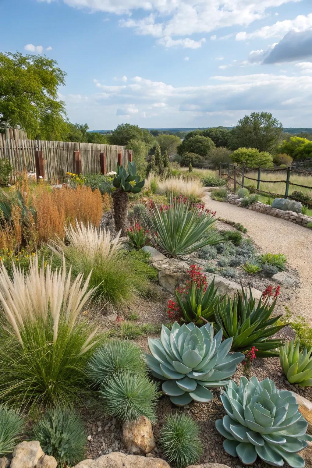 Drought-tolerant plants like succulents and native grasses thrive in Texas landscapes.