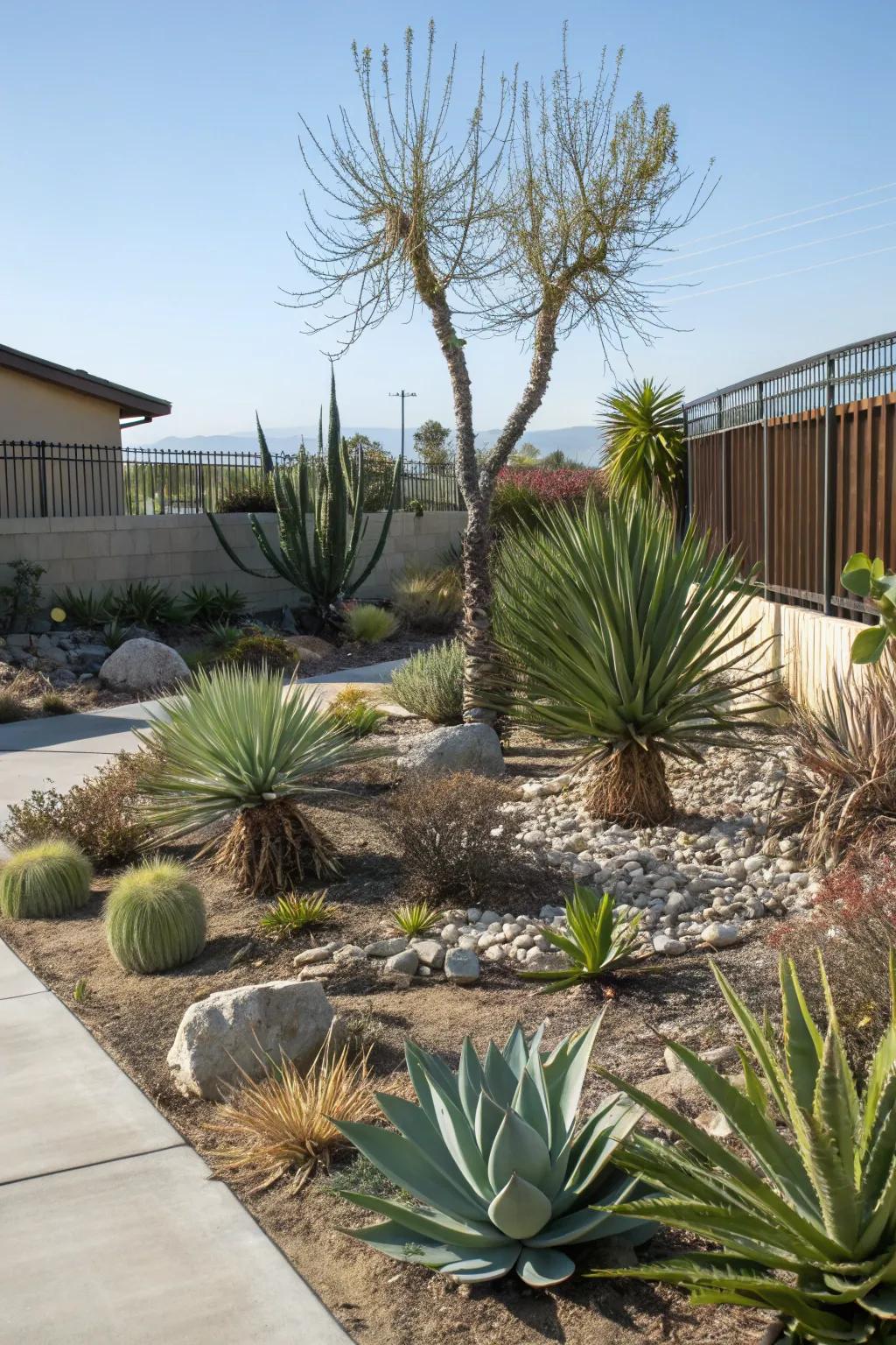 Local agaves and yuccas bring both structure and sustainability to a xeriscape front yard.