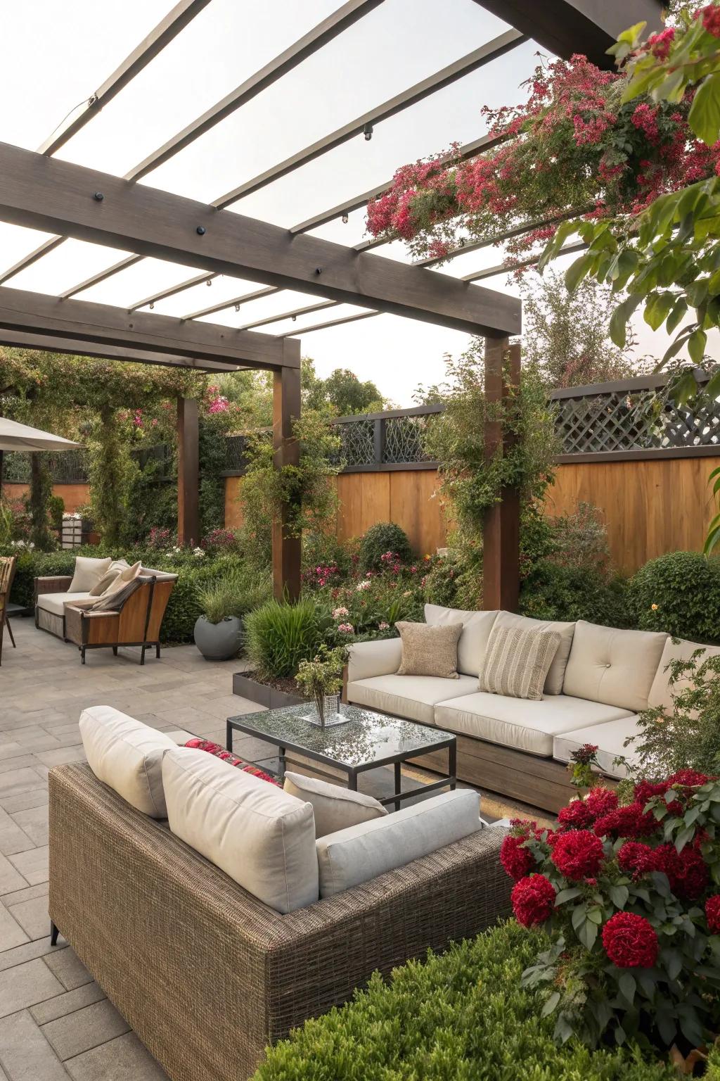 A cozy outdoor lounge with plush seating and vibrant greenery.
