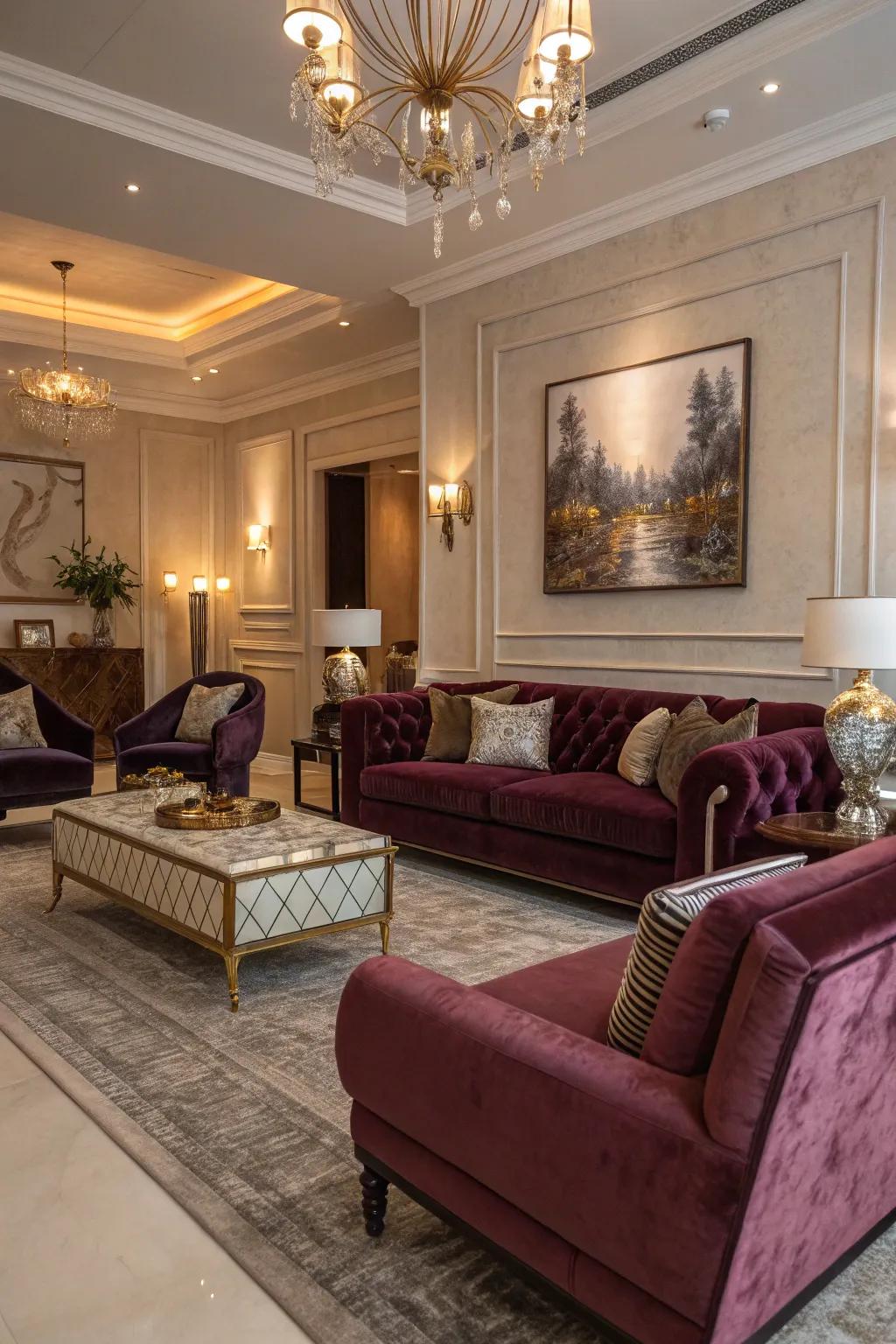 Velvet sofas and armchairs infuse this living room with affluence.