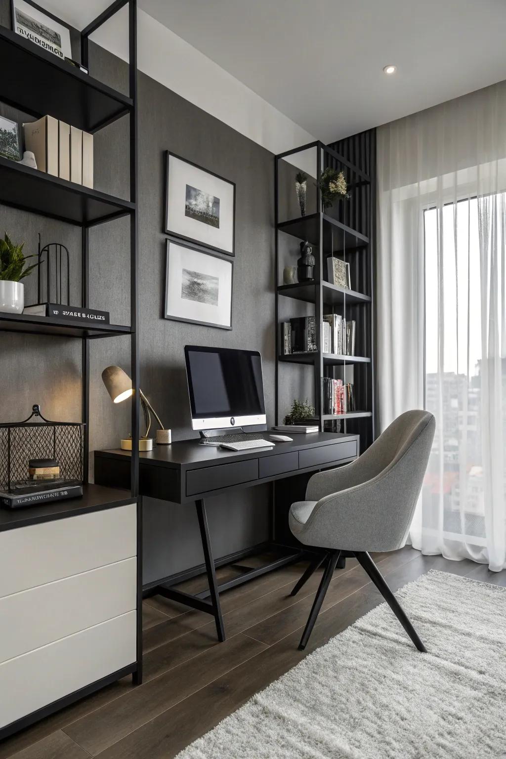 A streamlined, modern home office featuring a monochromatic palette.