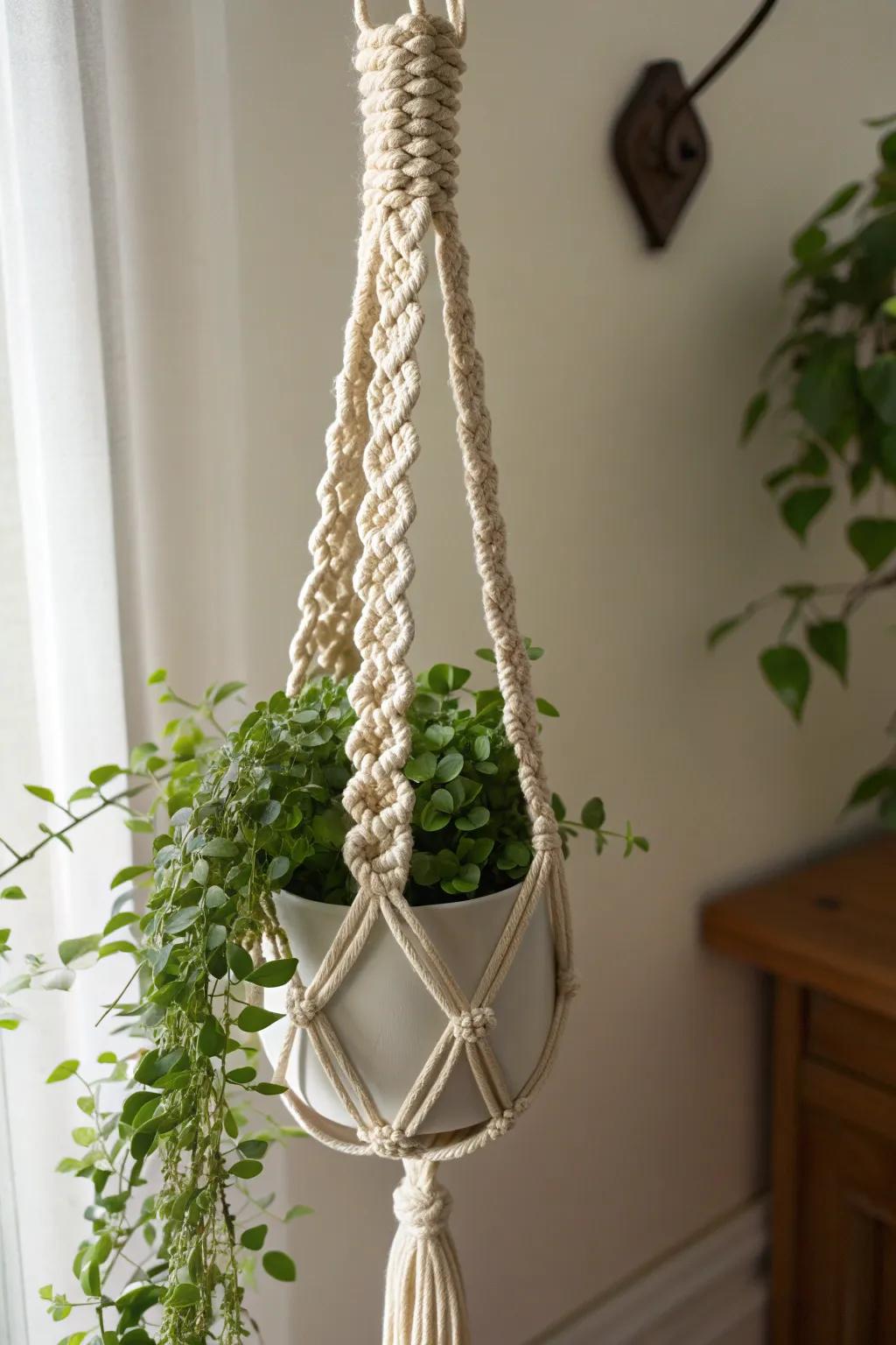 Elevate your space with the timeless elegance of a spiral knot macrame plant hanger.