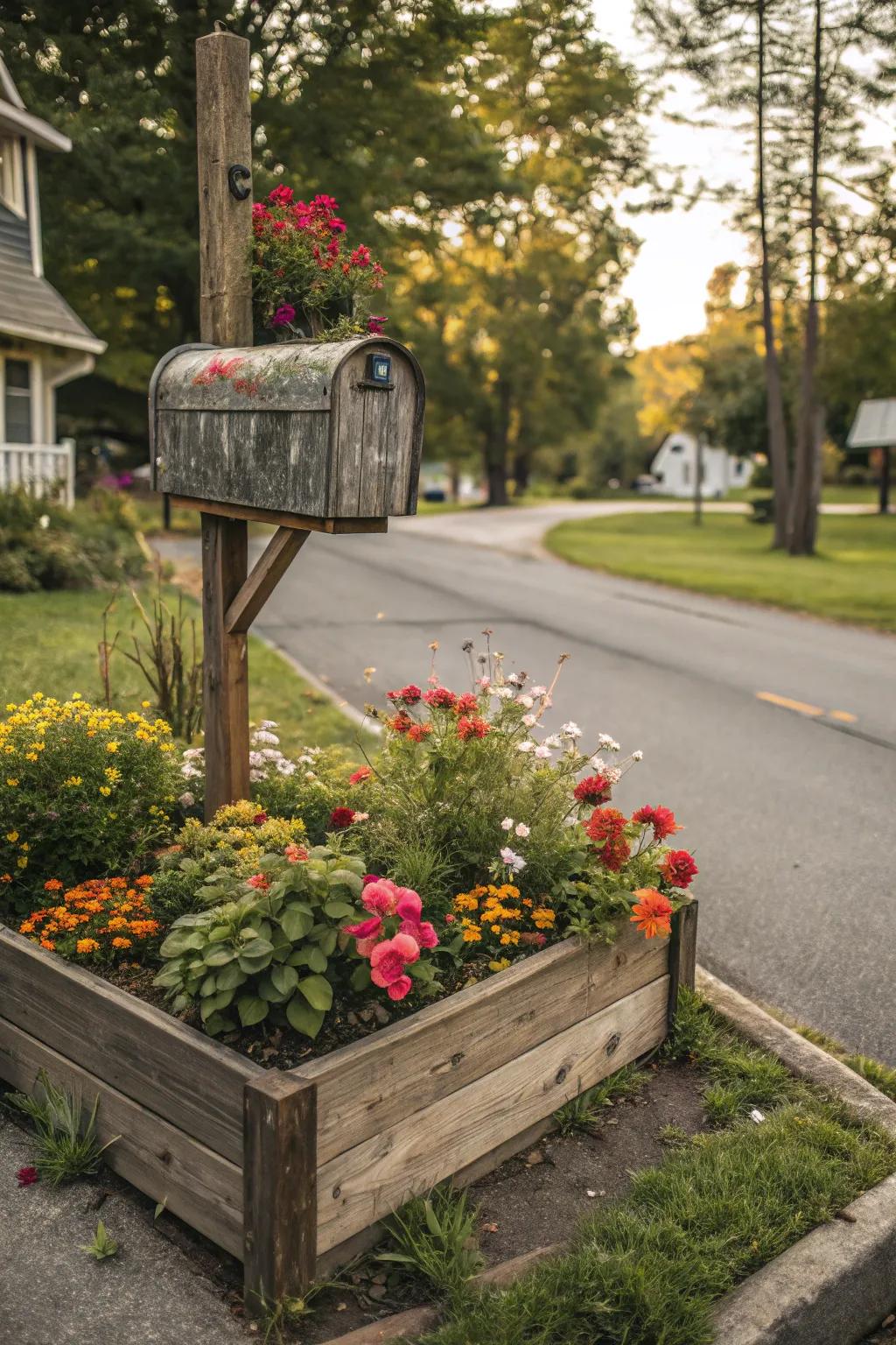 Wooden borders artfully accentuate this lovely mailbox garden bed.
