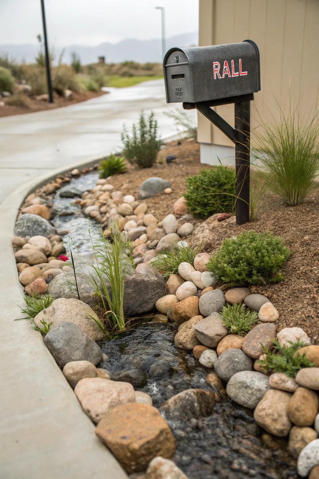 A peaceful stony stream concept imparts tranquility to your mailbox space.