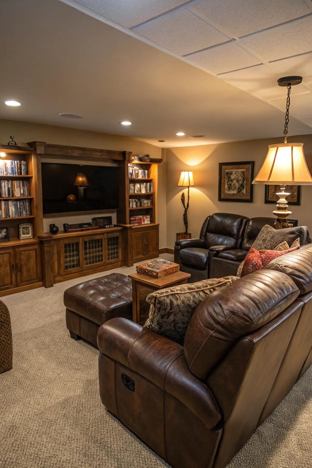 A relaxing man cave featuring luxurious leather sofas and recliners.