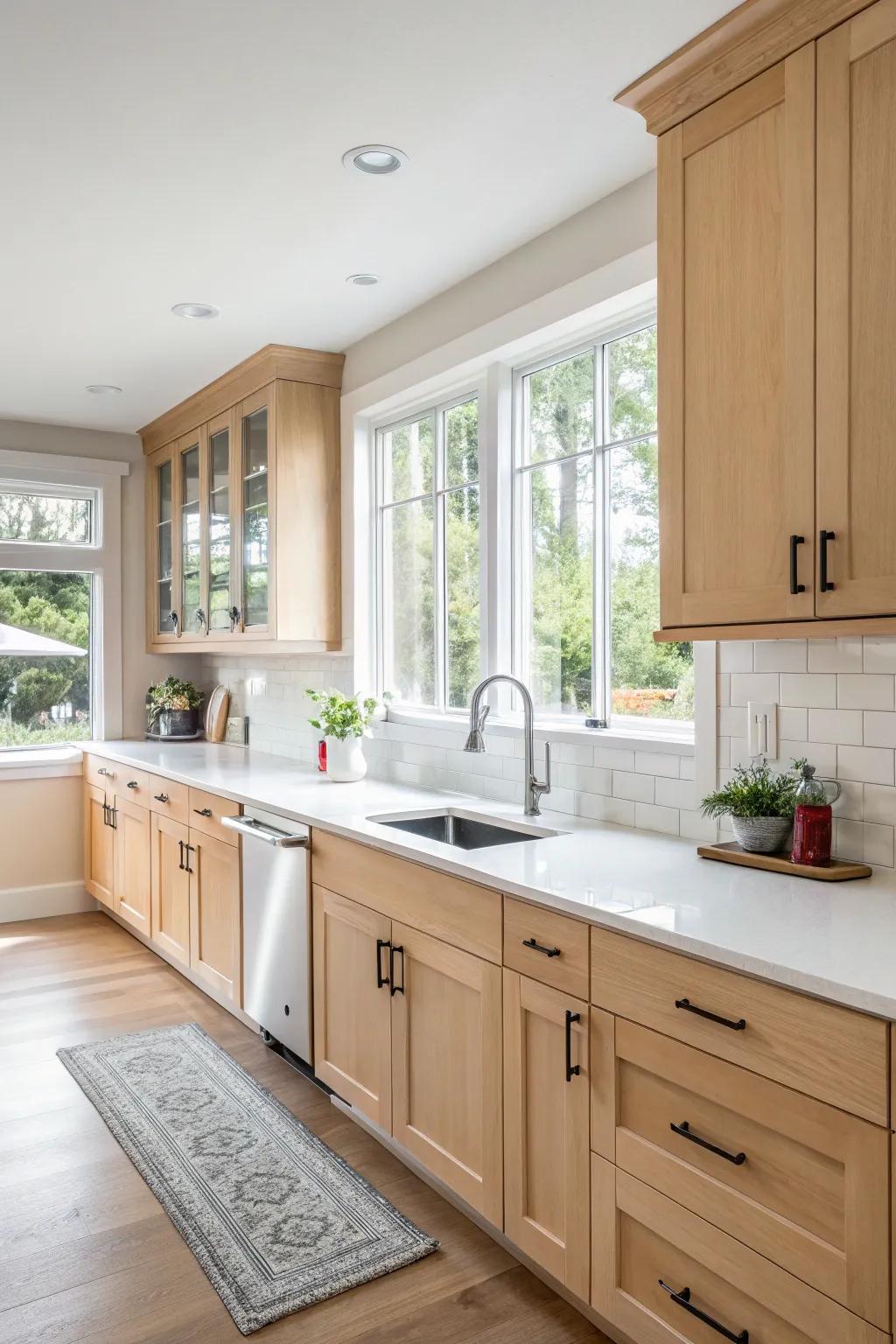 A bright kitchen with light maple cabinets, exuding warmth and elegance.