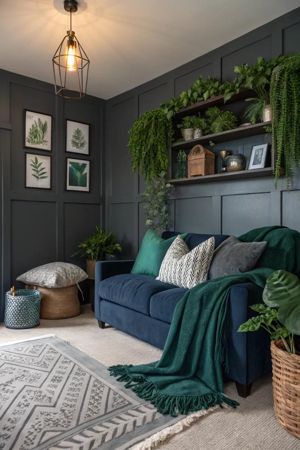 A den featuring charcoal walls and abundant navy details.