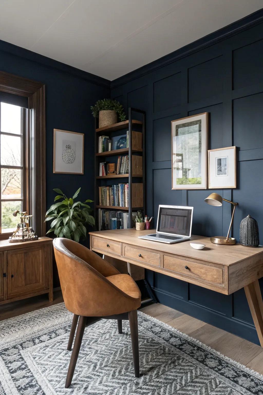 Deep navy walls combined with a sophisticated wooden desk create a tranquil workspace.