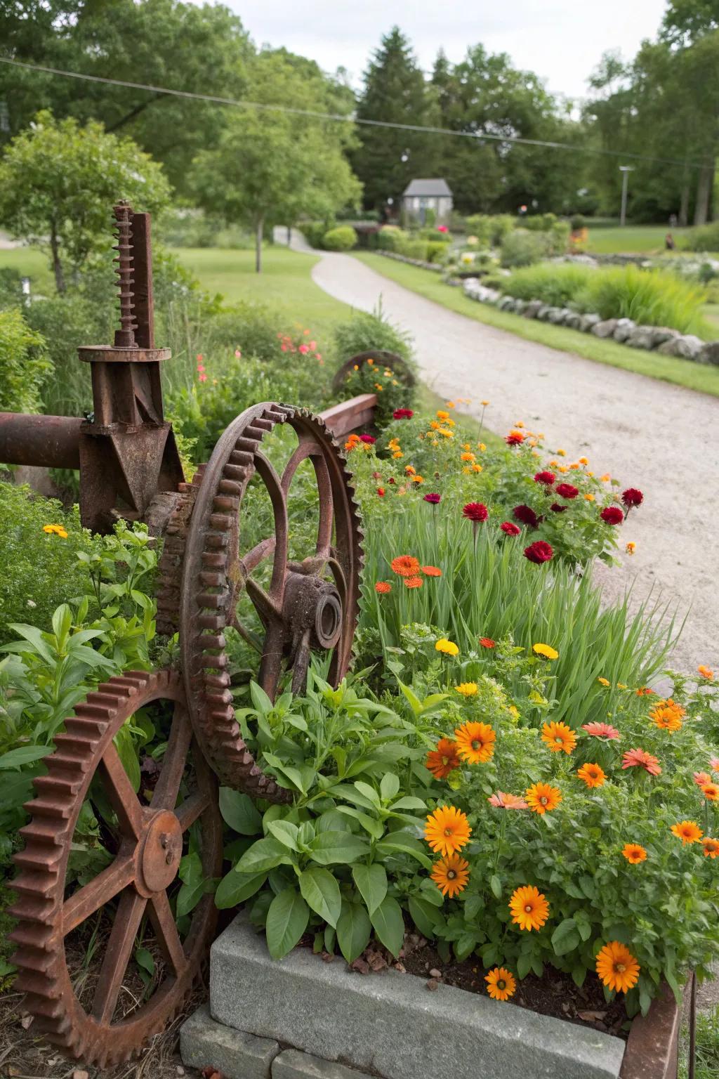 Rusty metal adds a vintage charm to your garden.