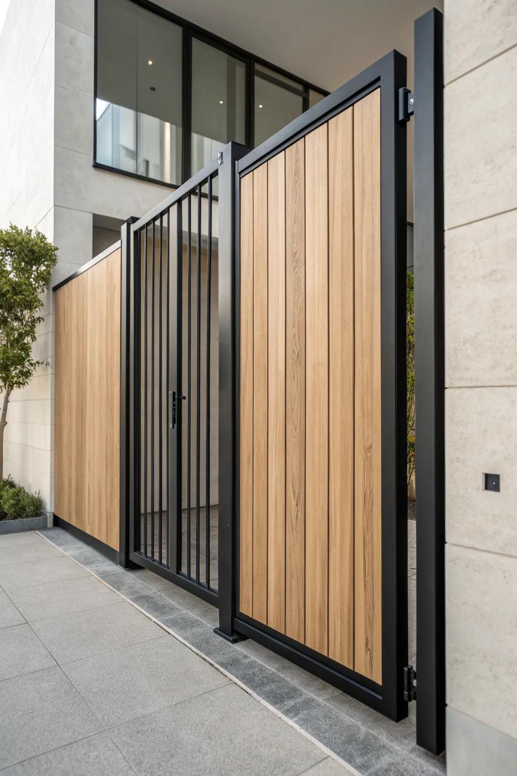 Embrace modern minimalism with this sleek metal and wood gate design.