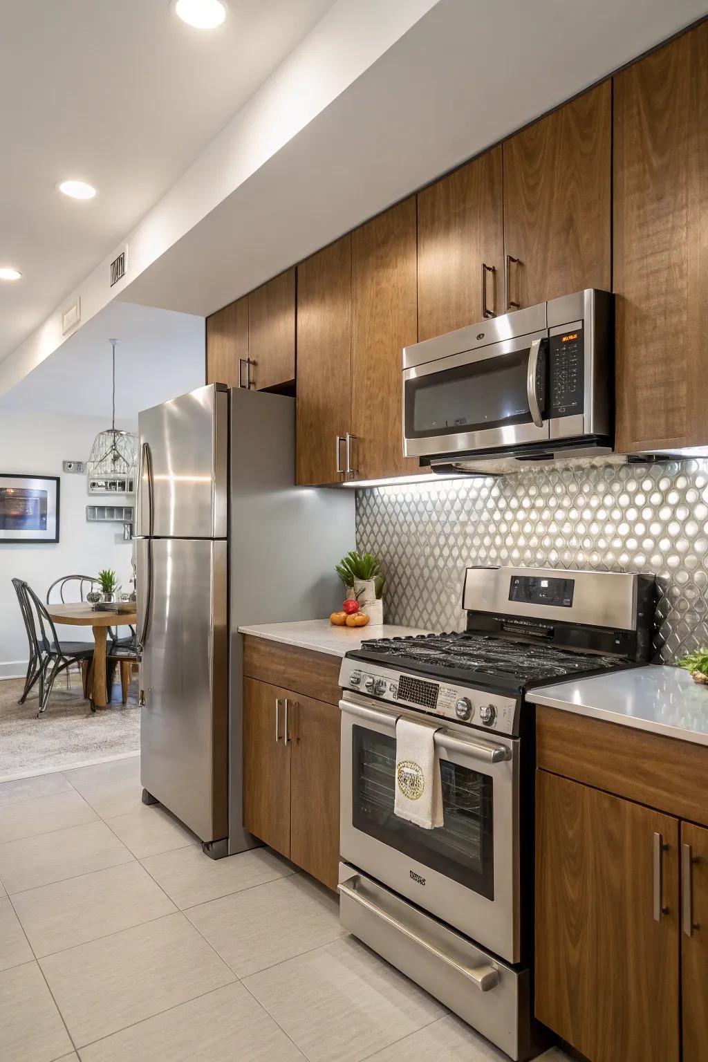 A kitchen featuring a stainless steel tile backsplash that complements the appliances.