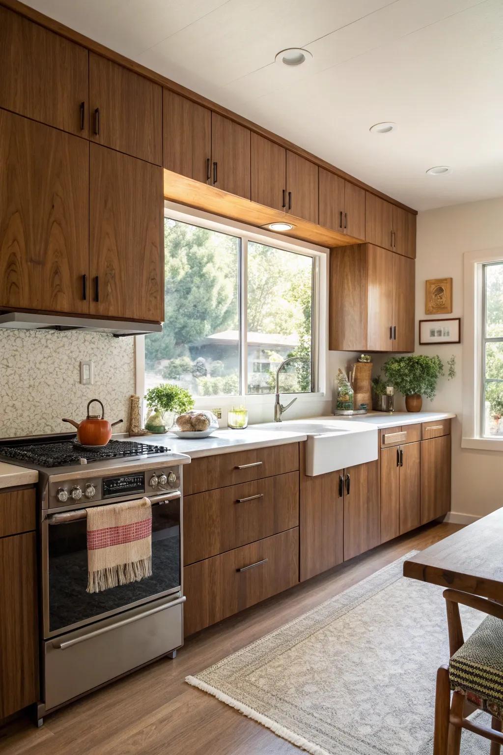 Warm walnut cabinets bring a natural touch to this mid-century modern kitchen.