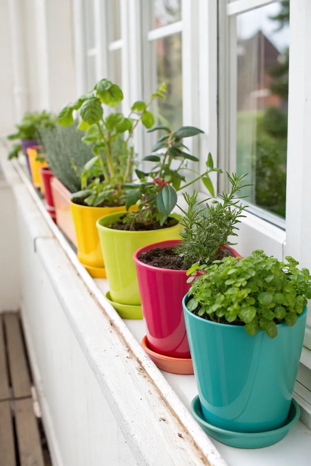An array of vibrant, small pots brimming with verdant plants on a windowsill.