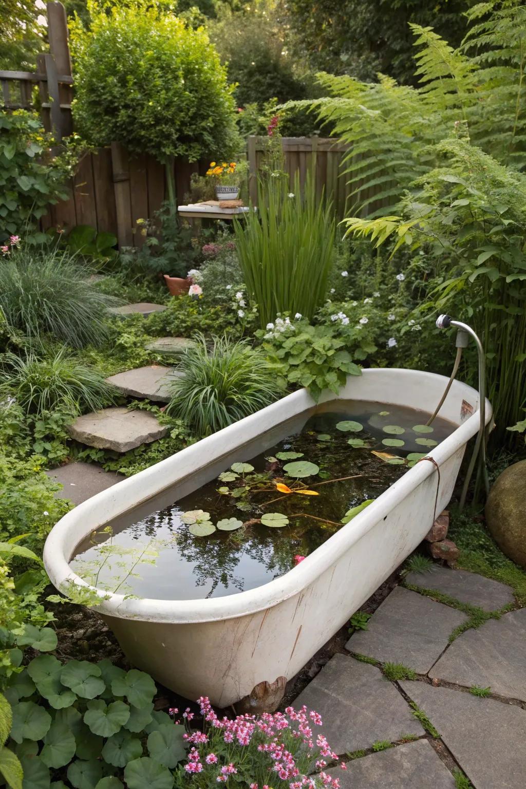 A vintage wash tub reborn as an enchanting mini pond.