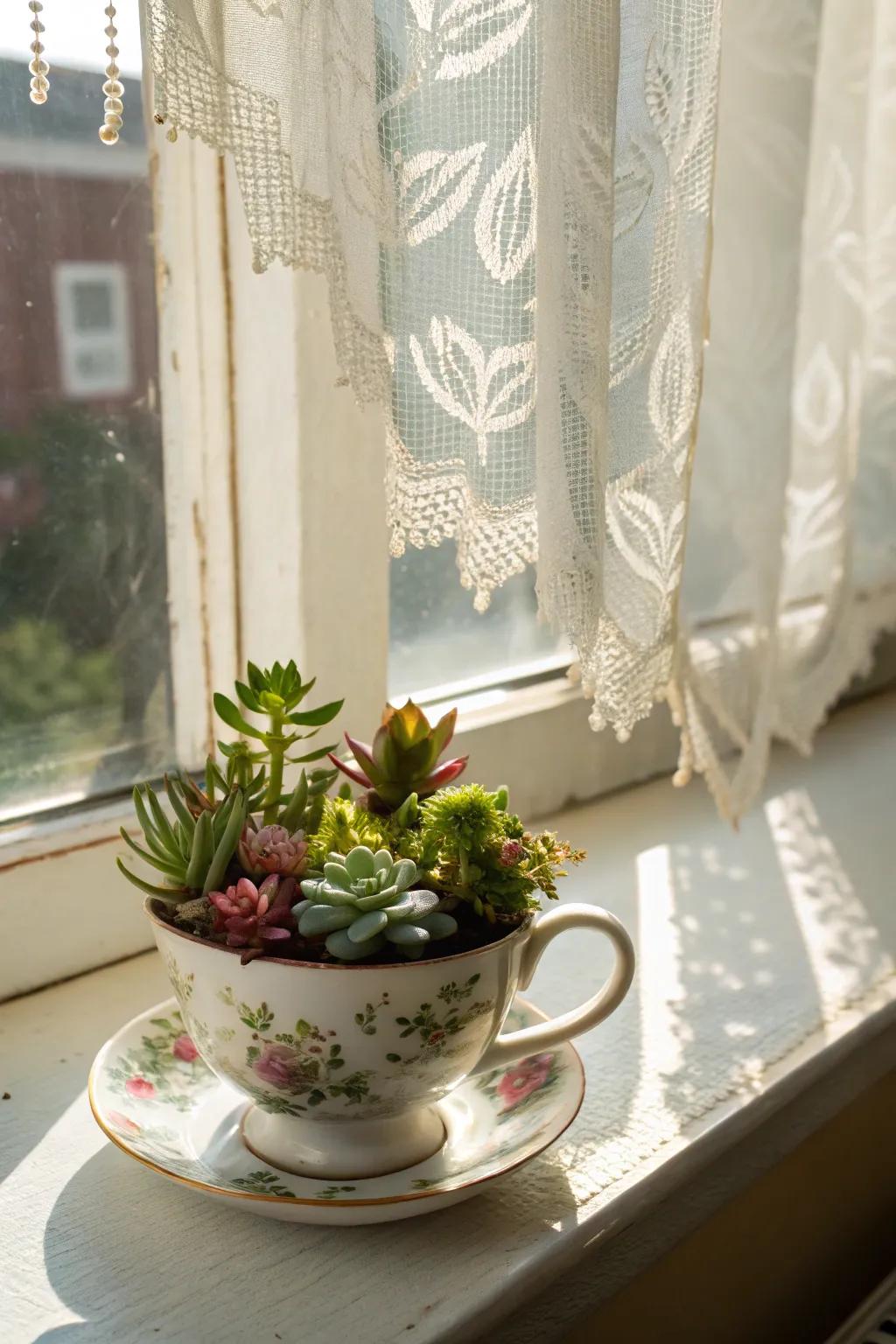 An antique cup reimagined as a charming succulent display.