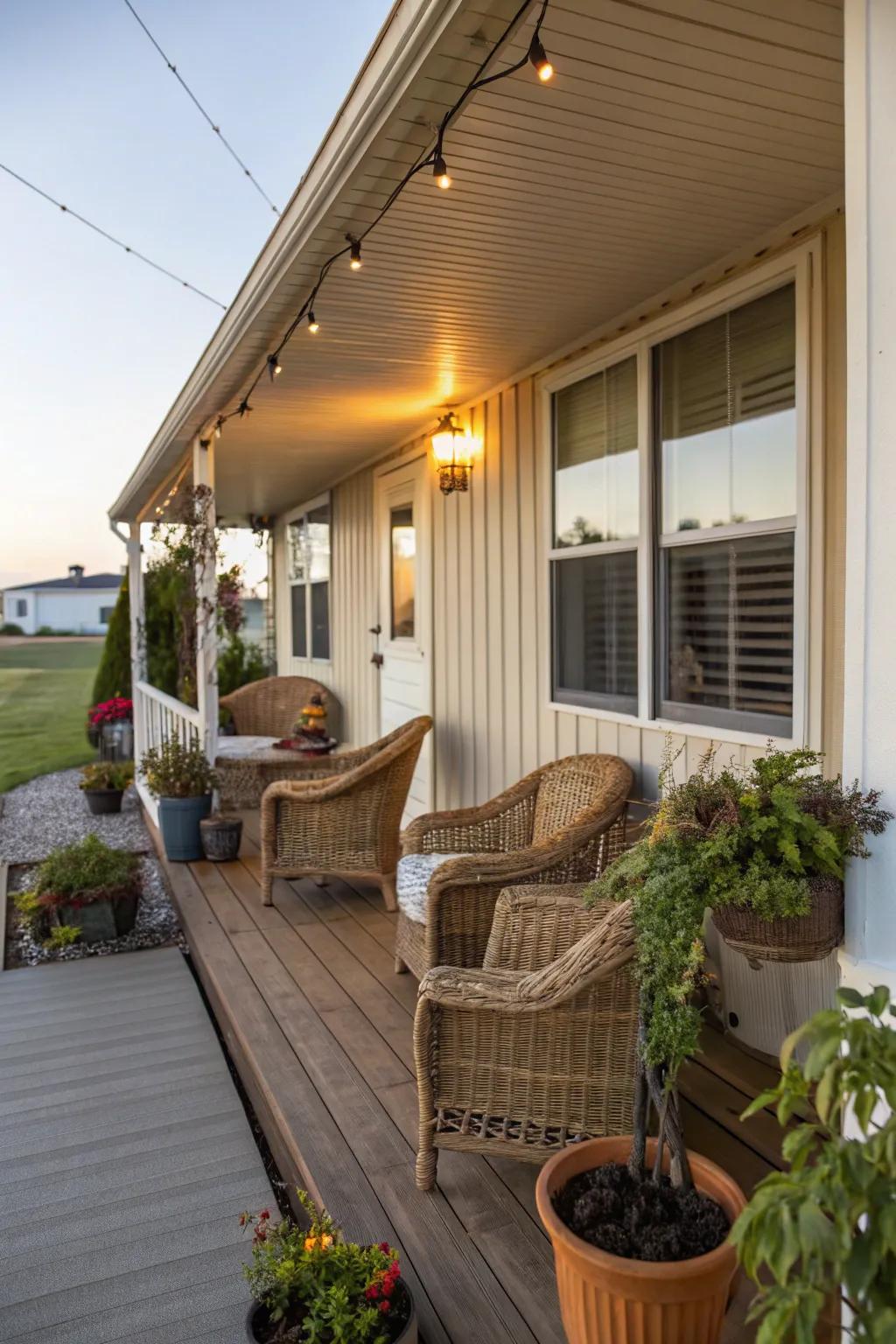 A snug veranda featuring rattan chairs and potted plants linked to a mobile home, perfect for kicking back.