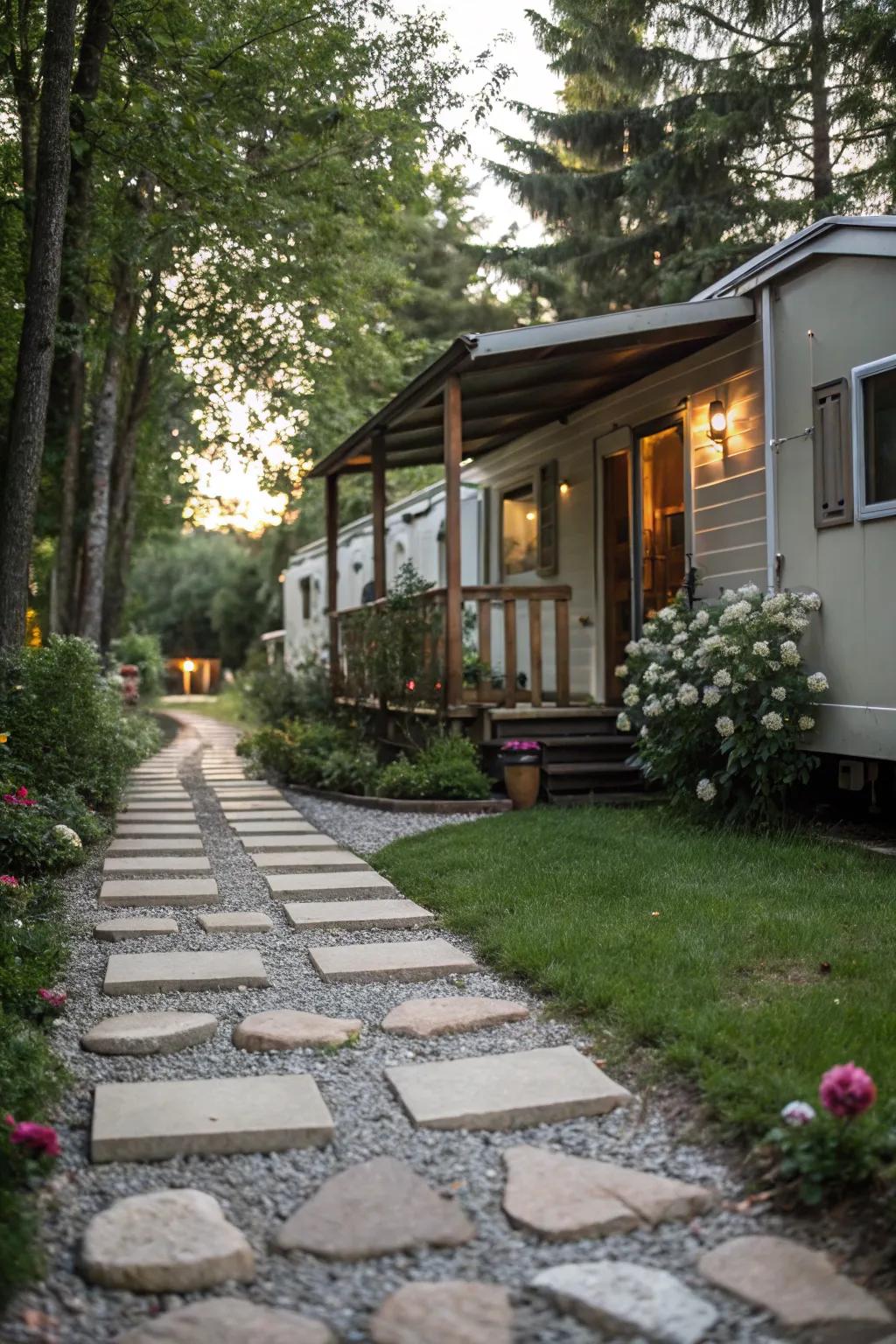 Stone pathways enhance both the accessibility and beauty of your mobile home landscape.