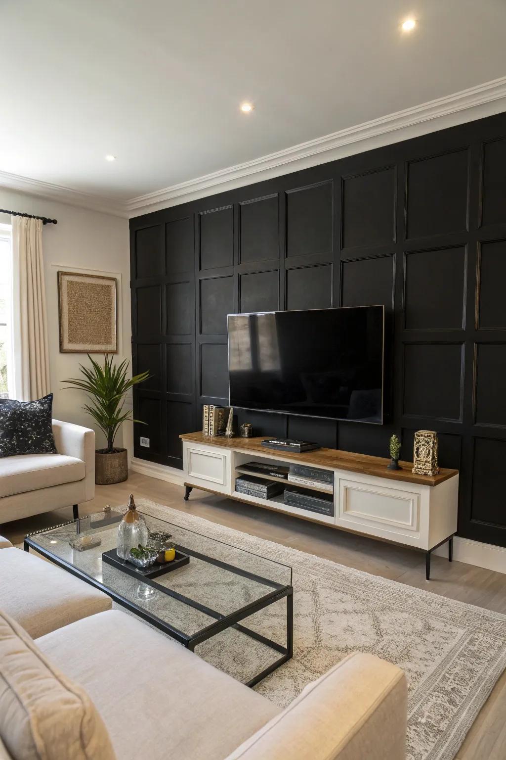 A bold black accent wall that makes the TV stand out beautifully.
