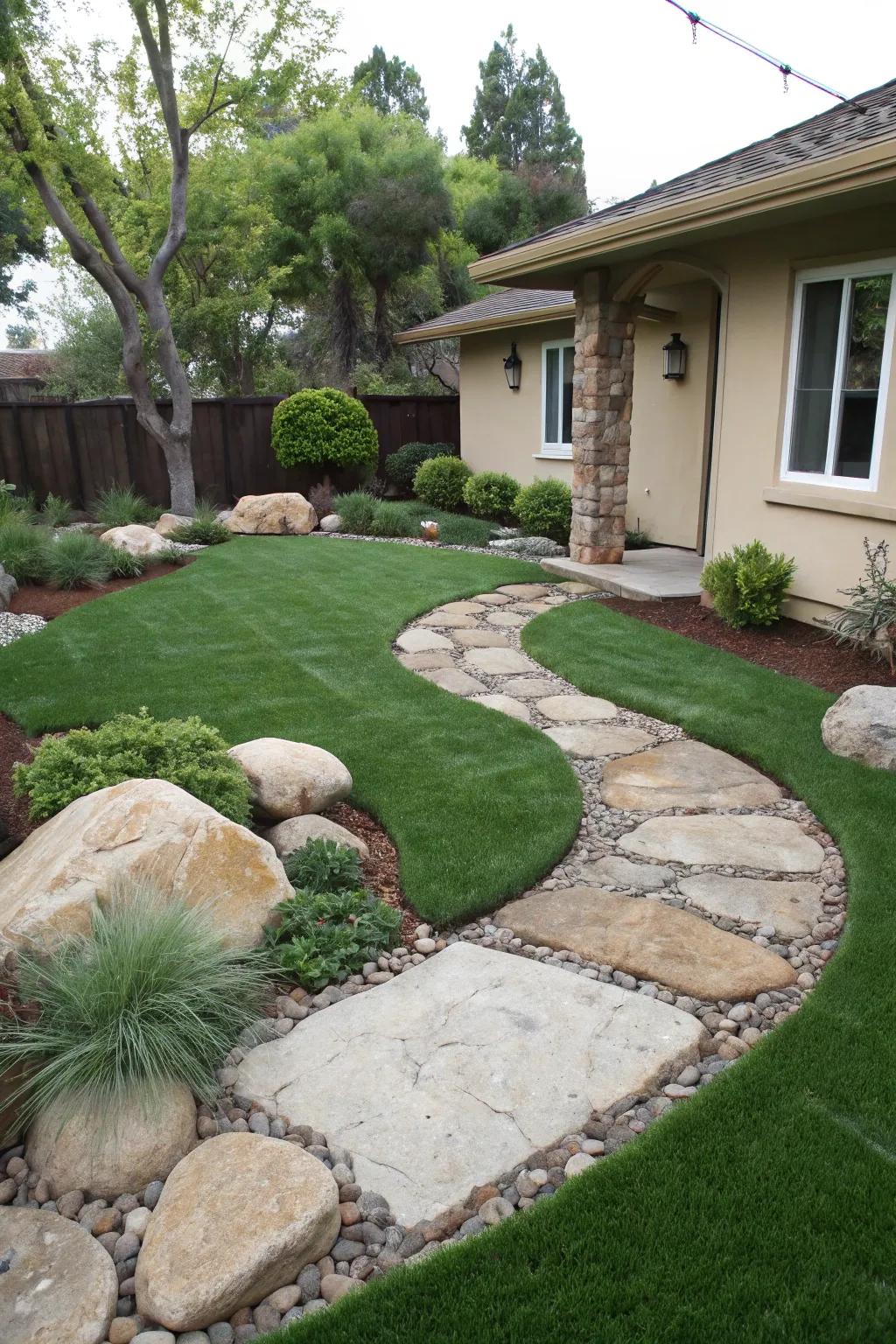 A front yard where artificial grass meets natural stone for a harmonious look.