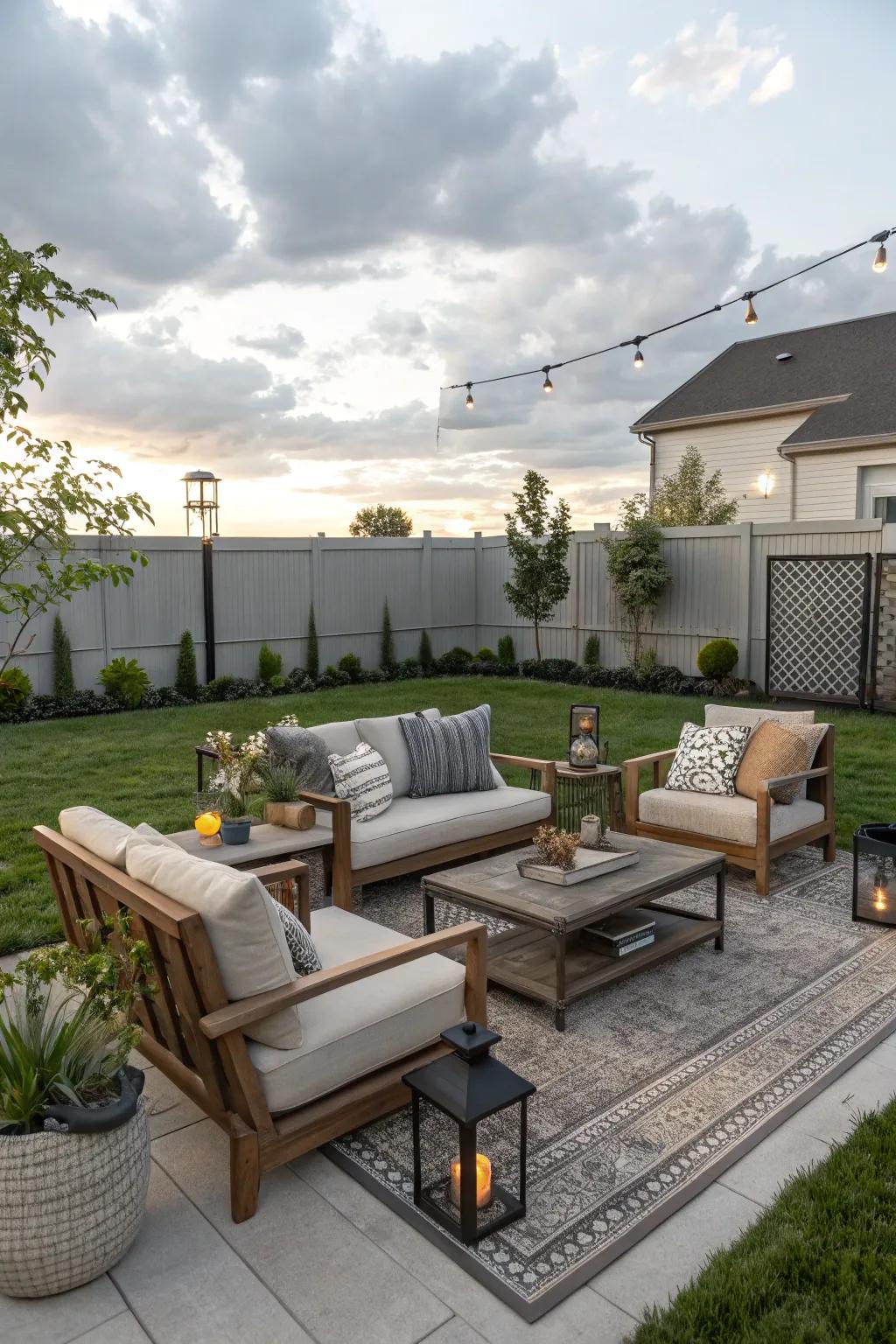 A welcoming outdoor living space featuring bright seating in a contemporary backyard.