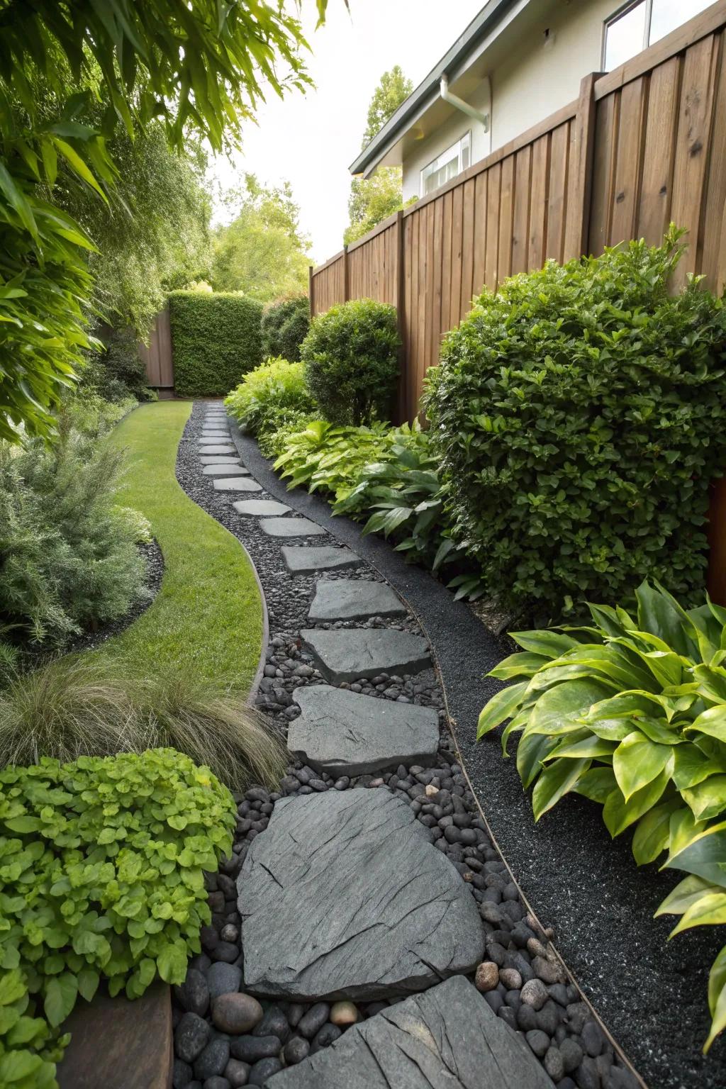 A garden pathway bordered with sleek black rocks.