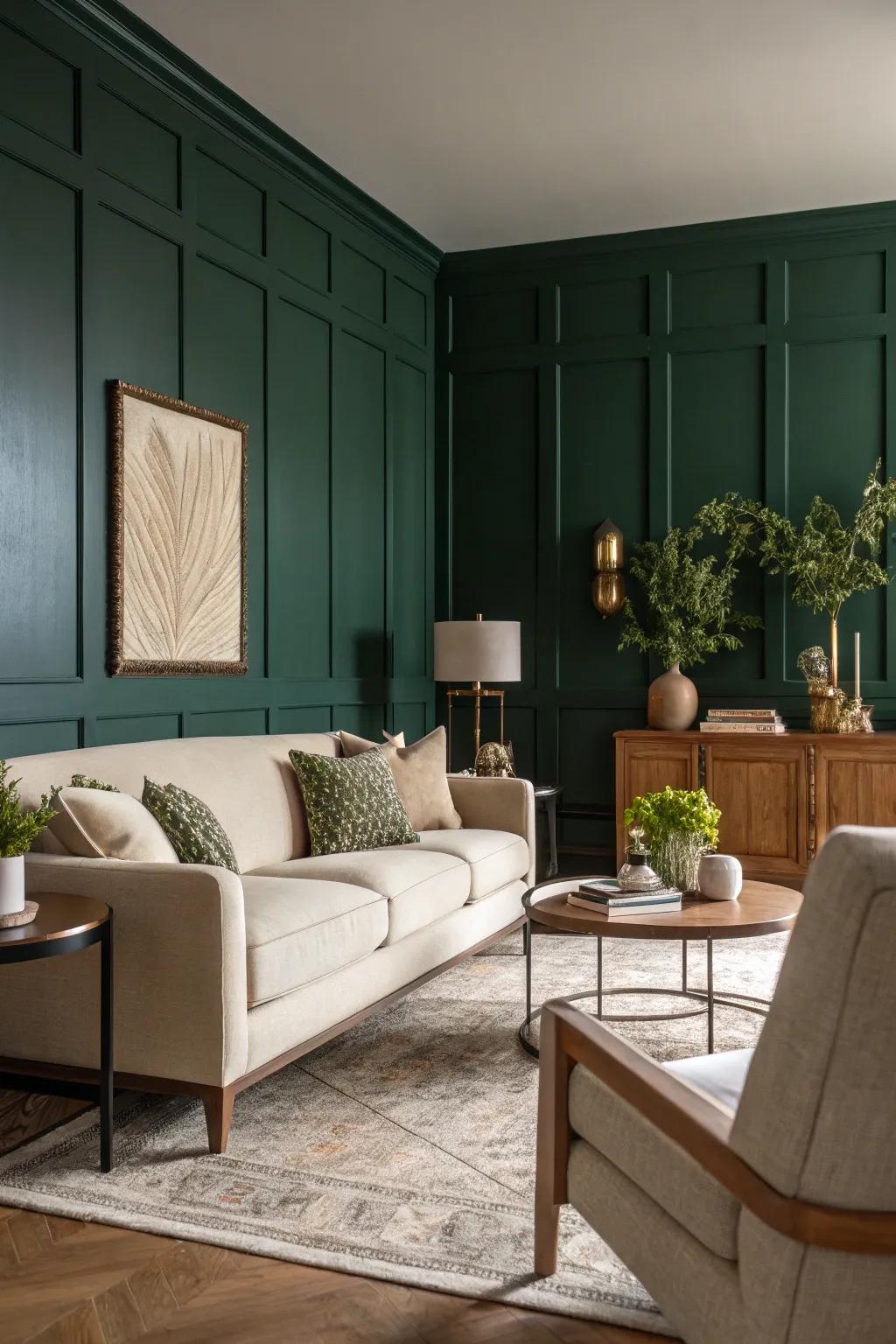 A dark green focus wall establishes a compelling visual anchor in any living space.