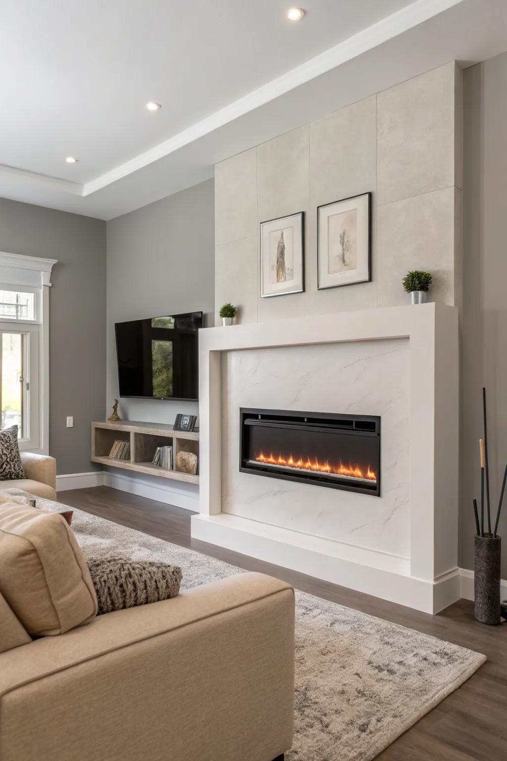 A minimalist wall-mounted electric fireplace graces a contemporary living room.