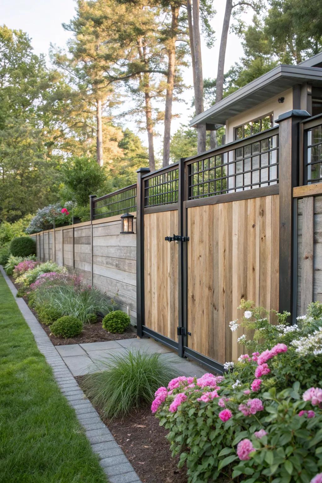 A modern farmhouse fence featuring a sleek blend of wood and metal for a contemporary twist.