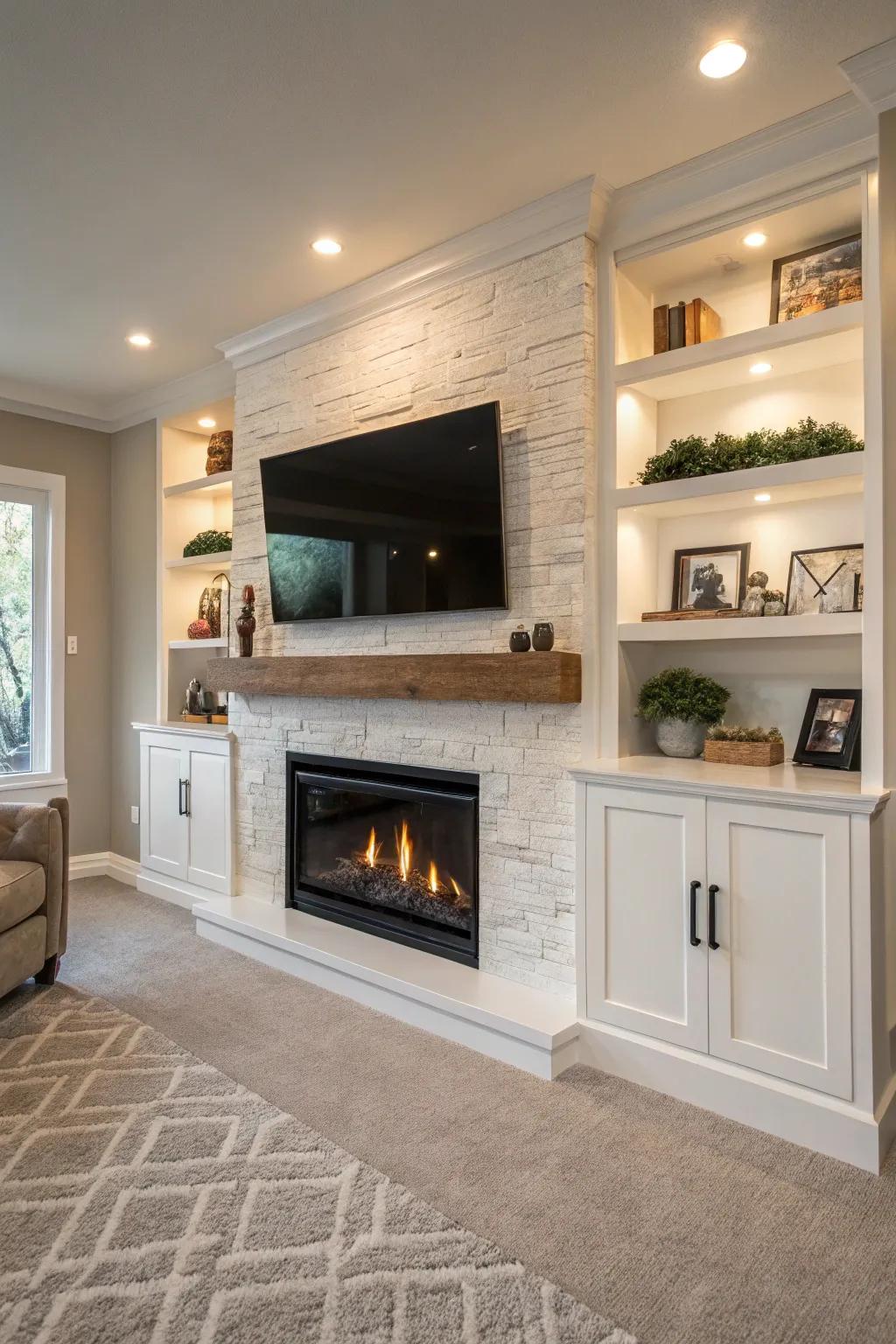 A streamlined arrangement of bare shelves framing a fireplace and TV setup.