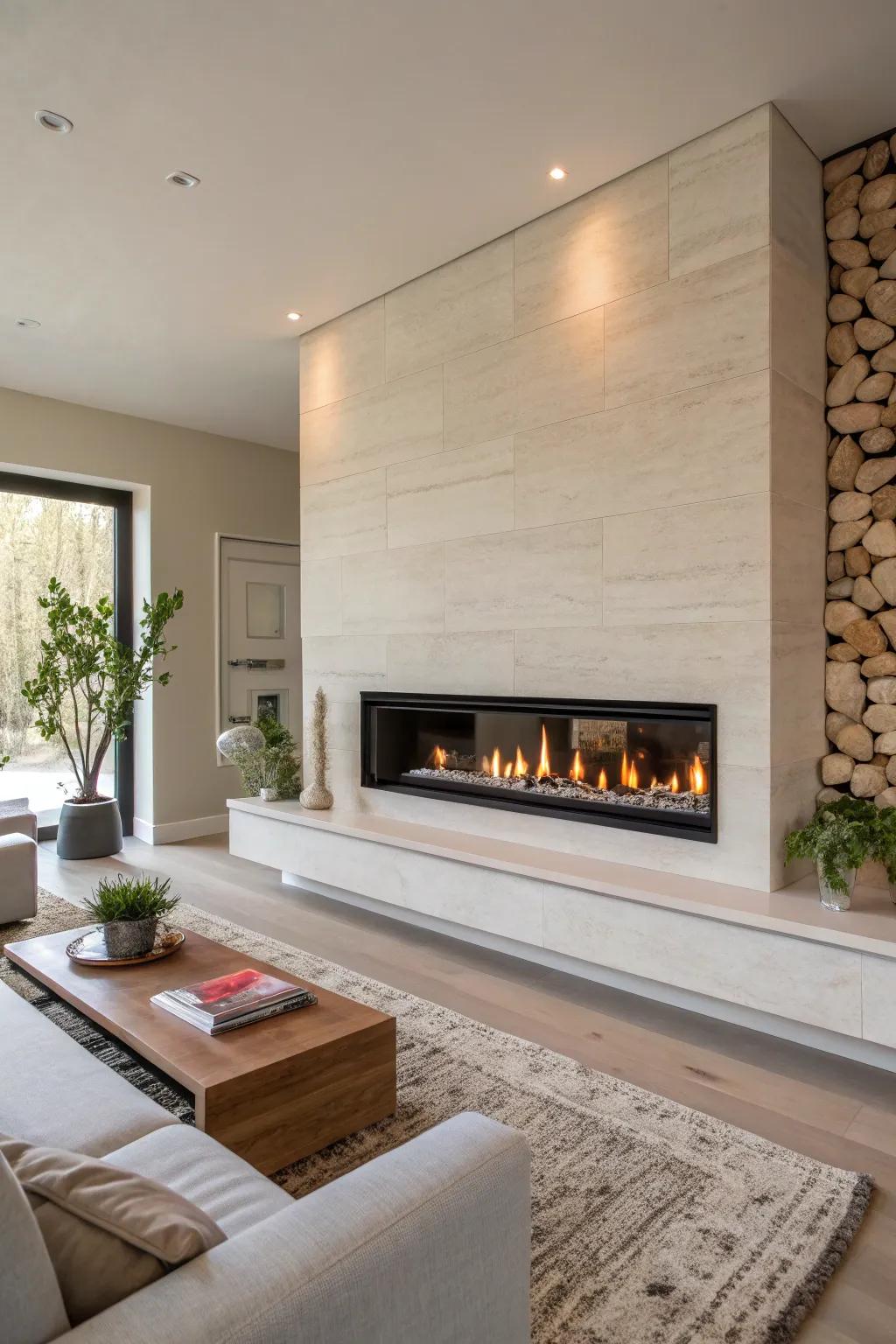 A linear fireplace is flawlessly incorporated into the minimalist design of a living room wall.