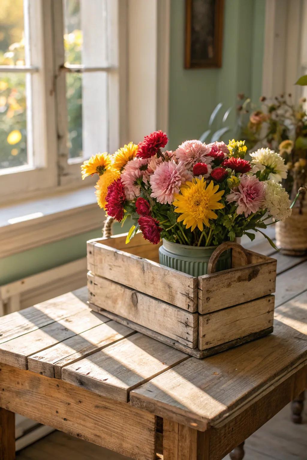 A wooden crate creatively repurposed as a container for a bright, eye-catching flower arrangement.
