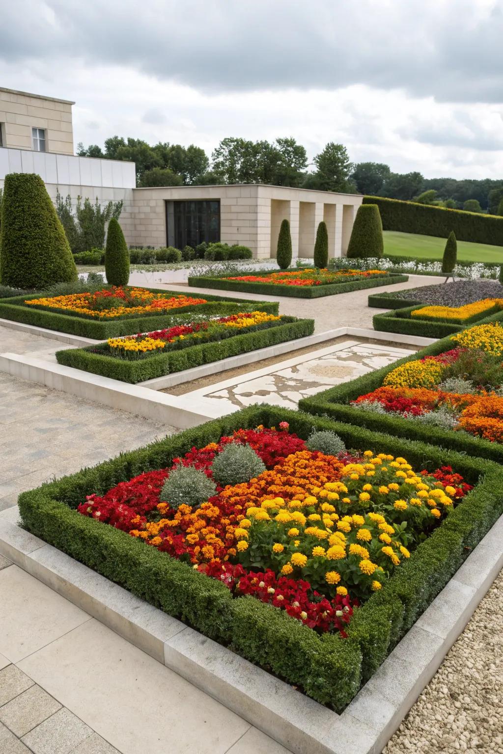 Geometric flower beds bringing a structured and modern vibe.