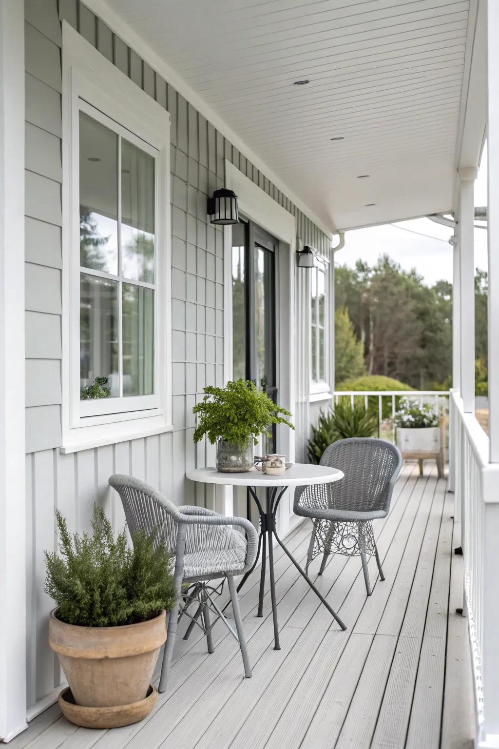 A sleek porch design showcases the elegance of a neutral color scheme.
