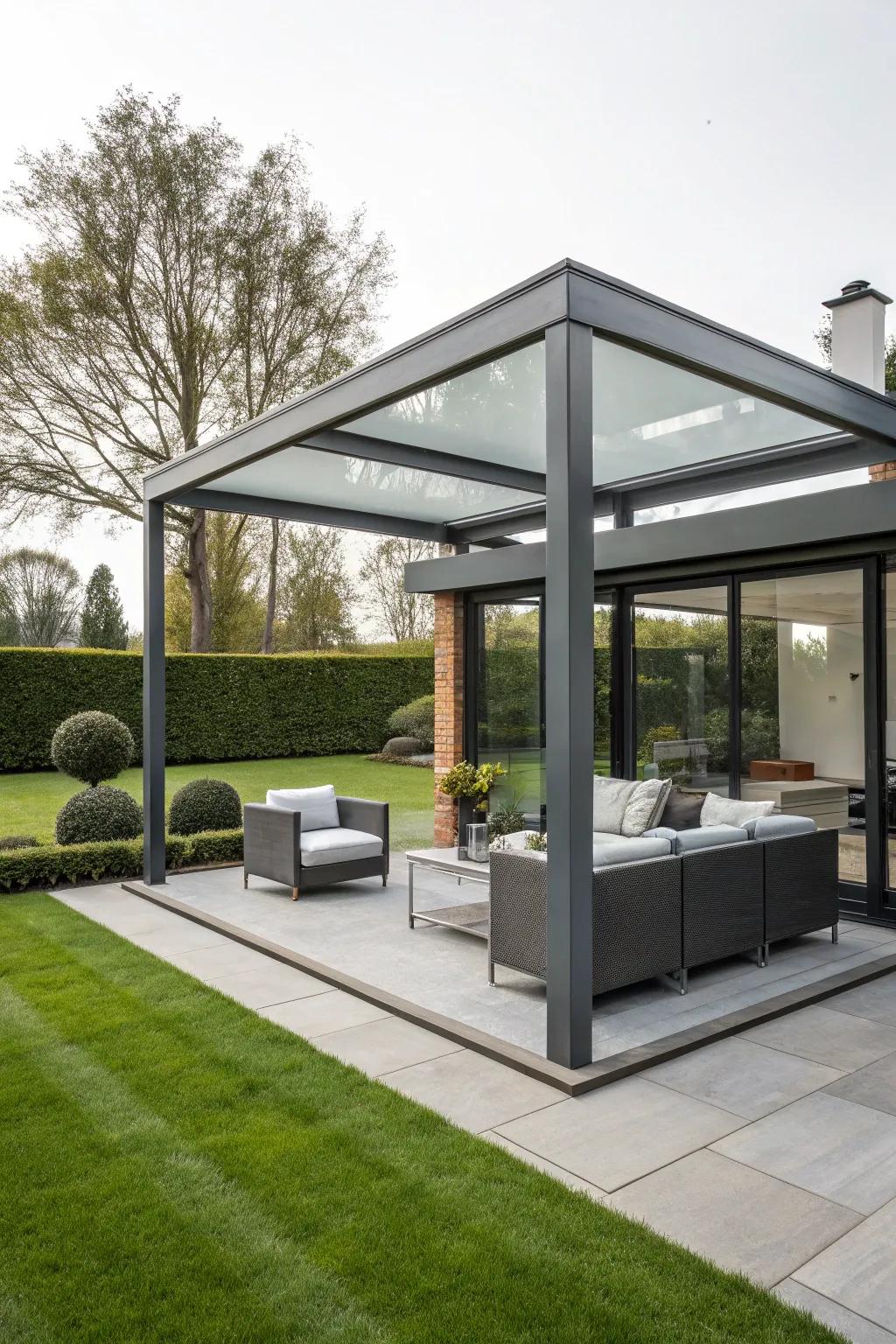 A minimalist steel and glass gazebo that integrates seamlessly into a modern backyard.