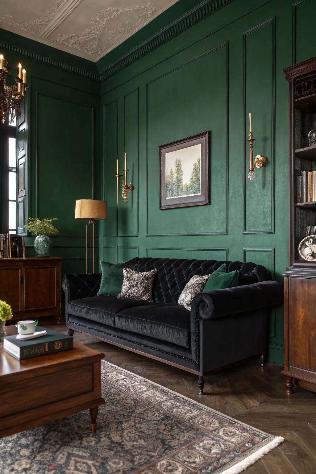 Dark tones create a sophisticated backdrop for modern gothic decor.