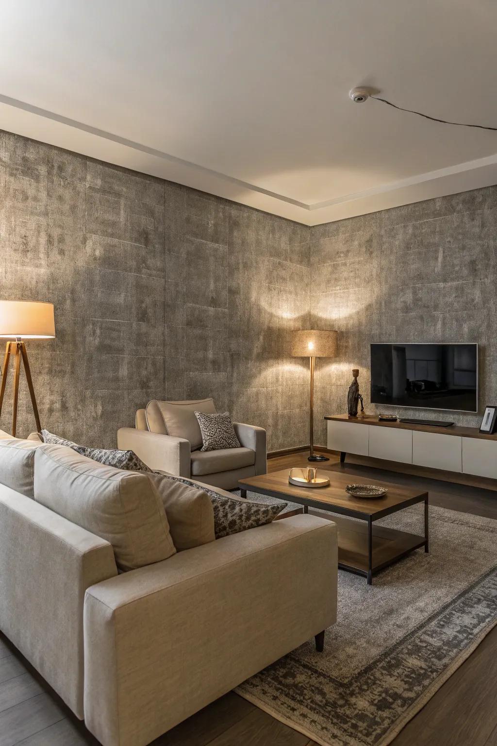 Textured grey wallcovering imparts dimension to the living space.