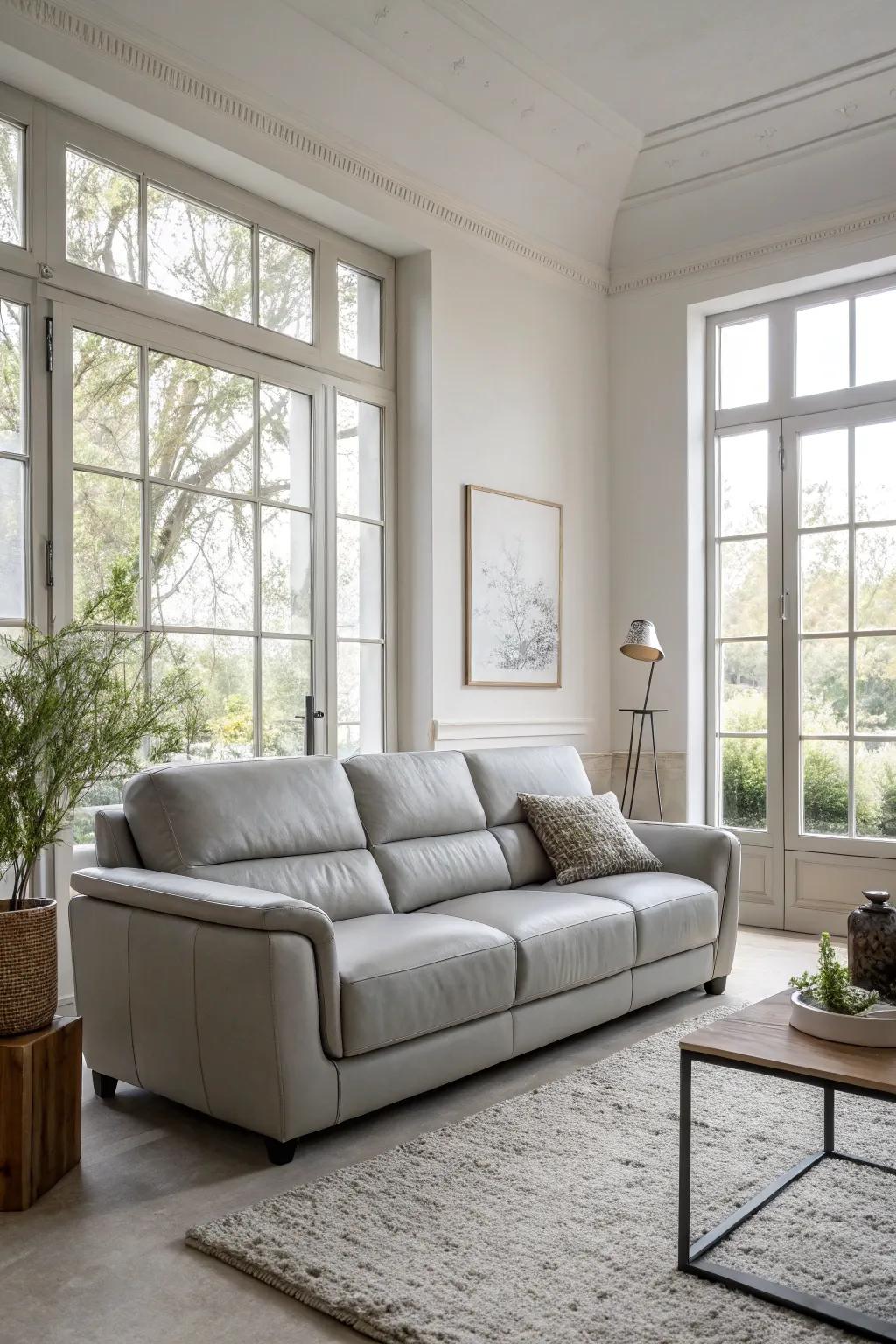 An elegant arrangement with a charcoal hide settee confronting expansive windows.