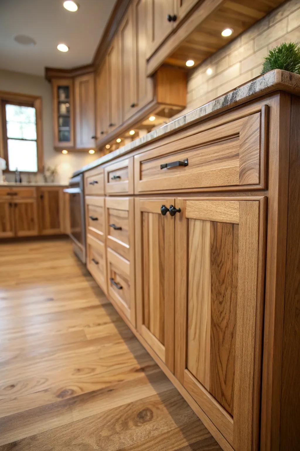 Marvel at the intricate grain patterns of hickory wood cabinets.