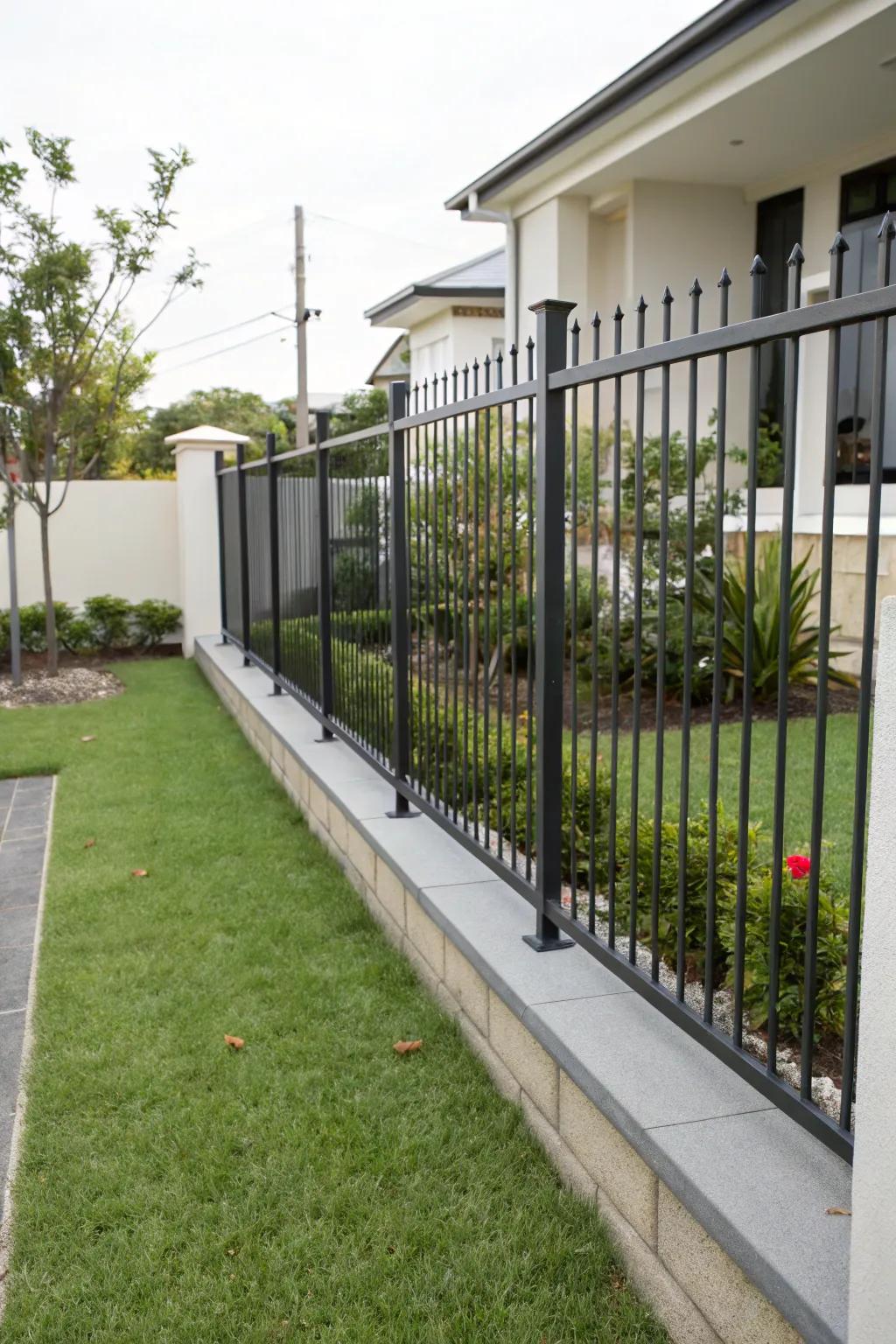 A minimalist iron fence beautifully complements a modern home.