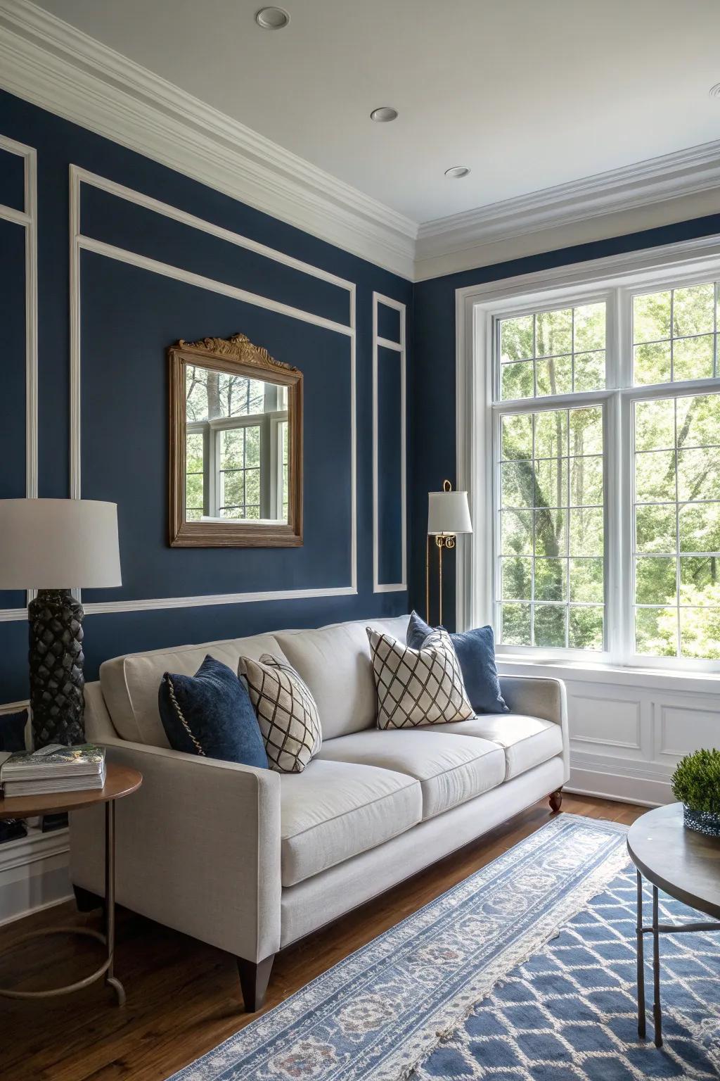 Deep blue walls give a striking yet elegant background.