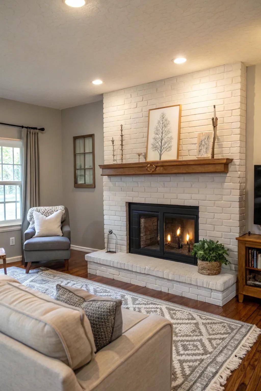 A gray painted brick fireplace radiates modern sophistication.