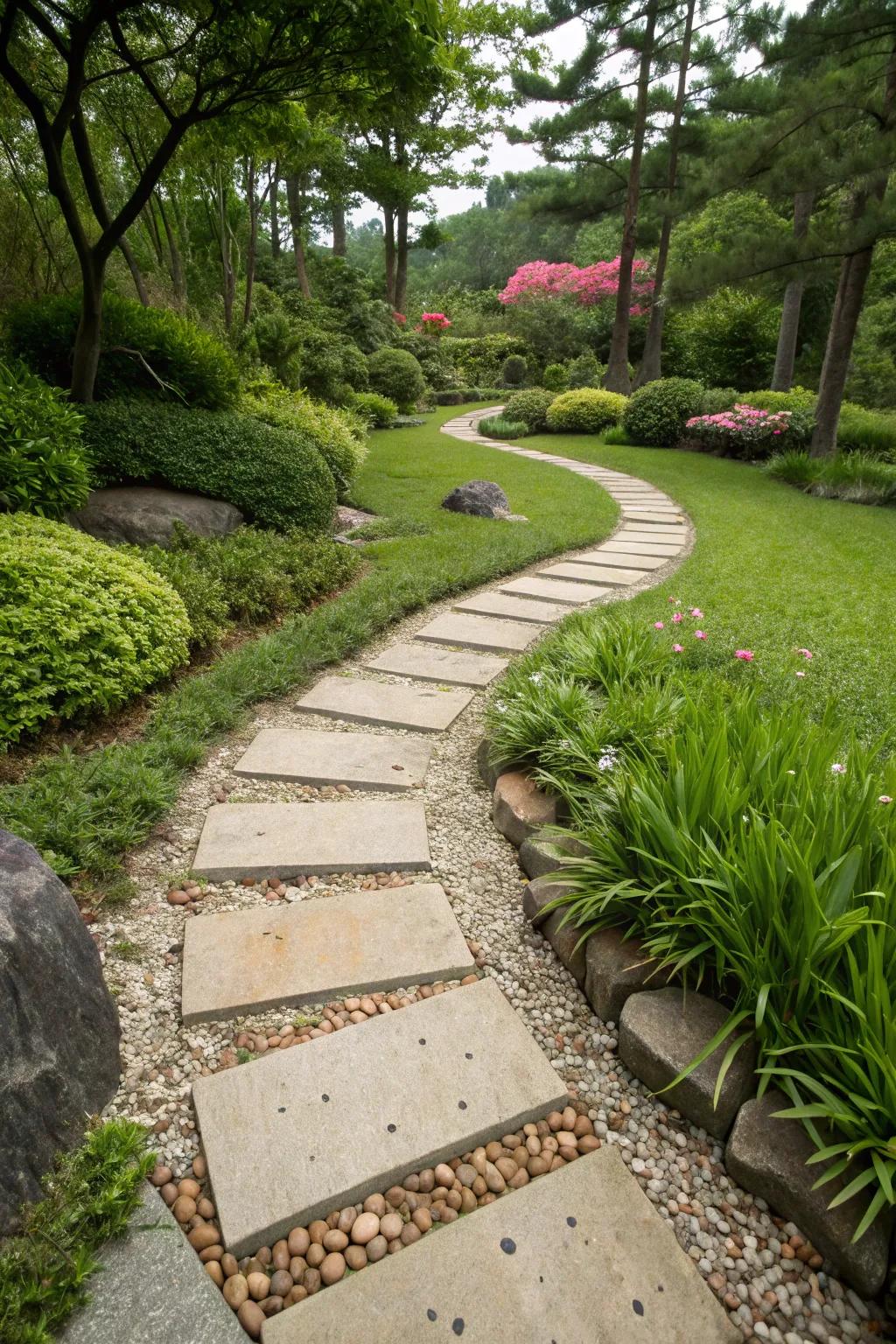 A peaceful stone pathway encourages exploration and relaxation.