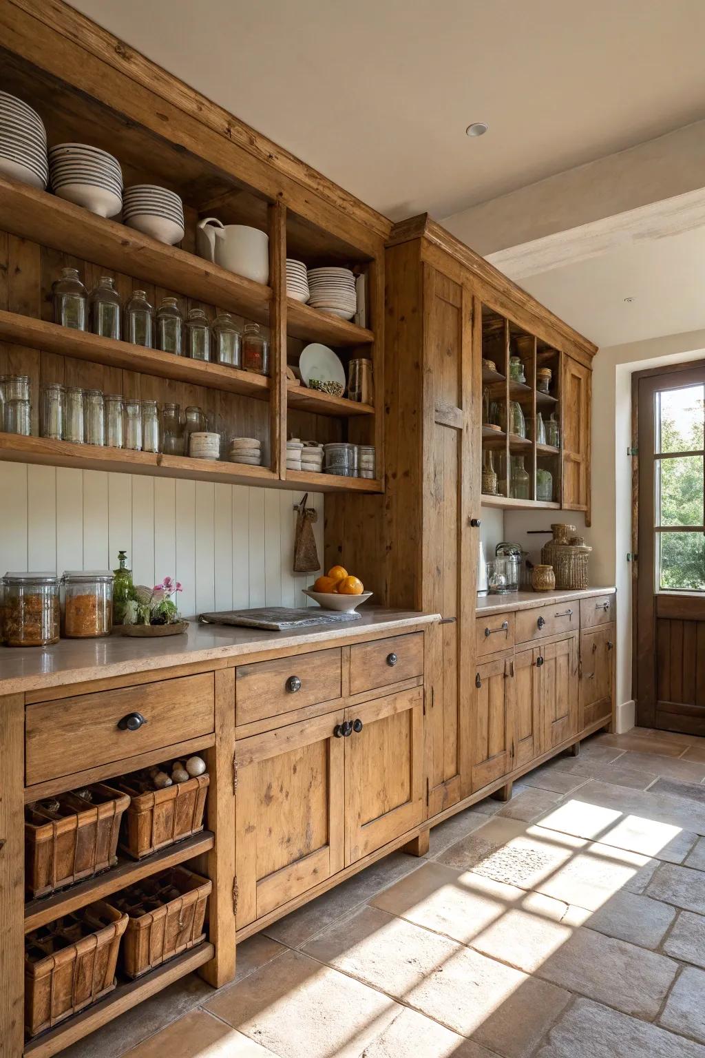 Reclaimed wood cabinets add warmth and character to this modern rustic kitchen.