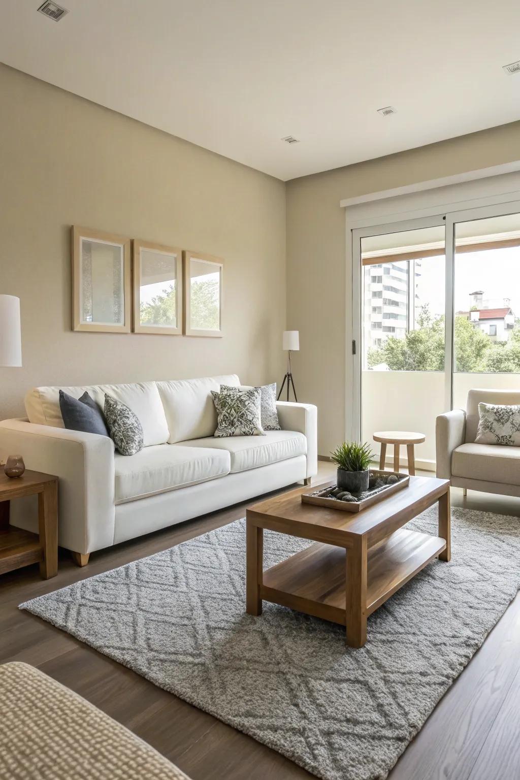 A small living space showcasing neutral shades and refined furniture to maximize spaciousness.